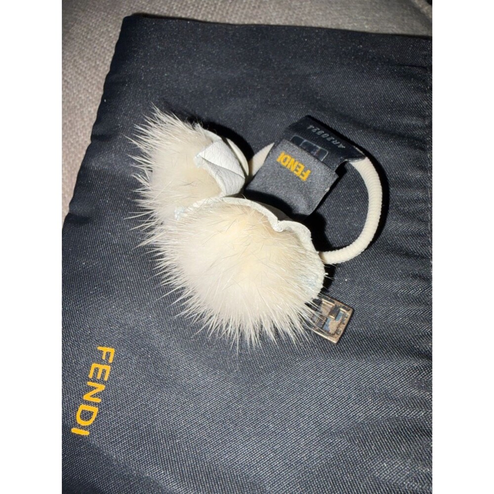 Fendi Mink Fur Pom Pom Hair Tie Leather Flower FF Charm NWT Dust Bag Italy